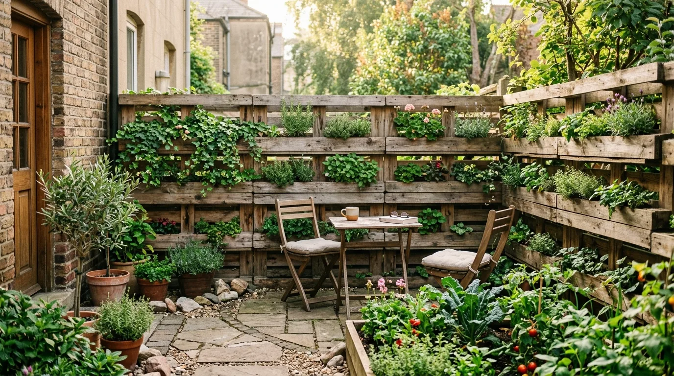 Compact Backyard With Pallet Fence and Planter Boxes